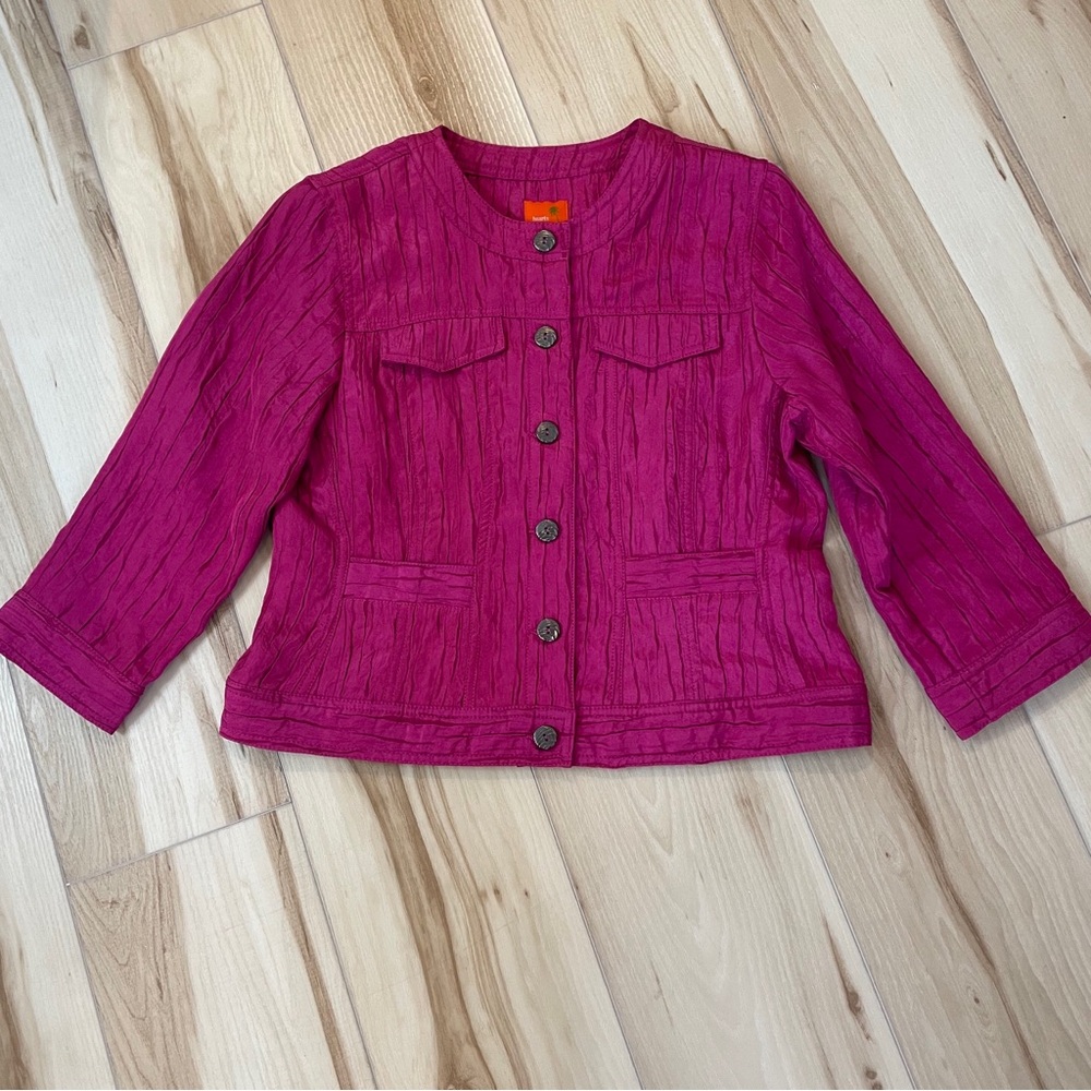 Hearts Of Palm Womens  8P Jacket Fuchsia Crinkle Effect 3/4 Sleeve Button Front